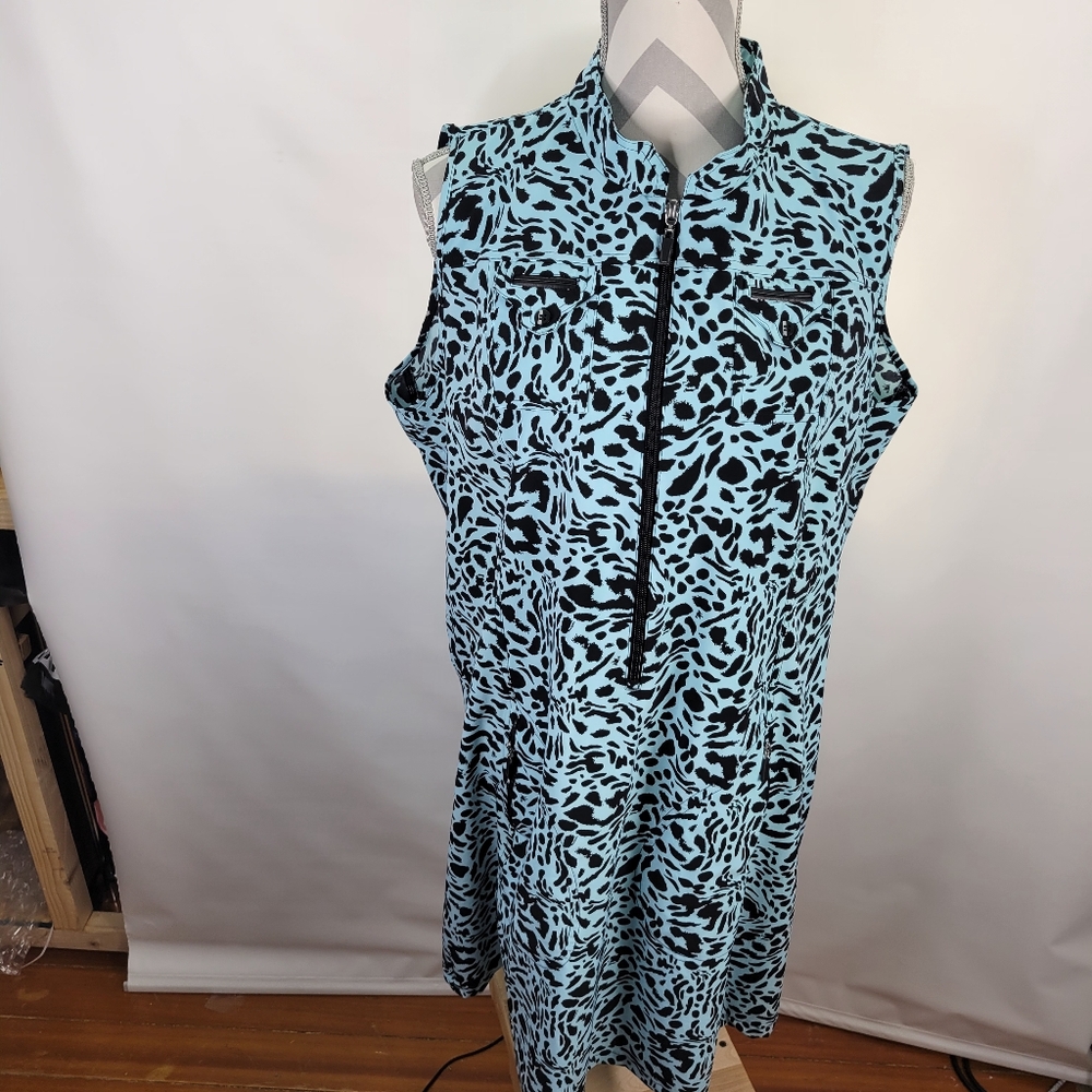 Jamie Sadock Blue Black Animal Print Golf Dress 1/2 Zip Front Zip Pockets XXL